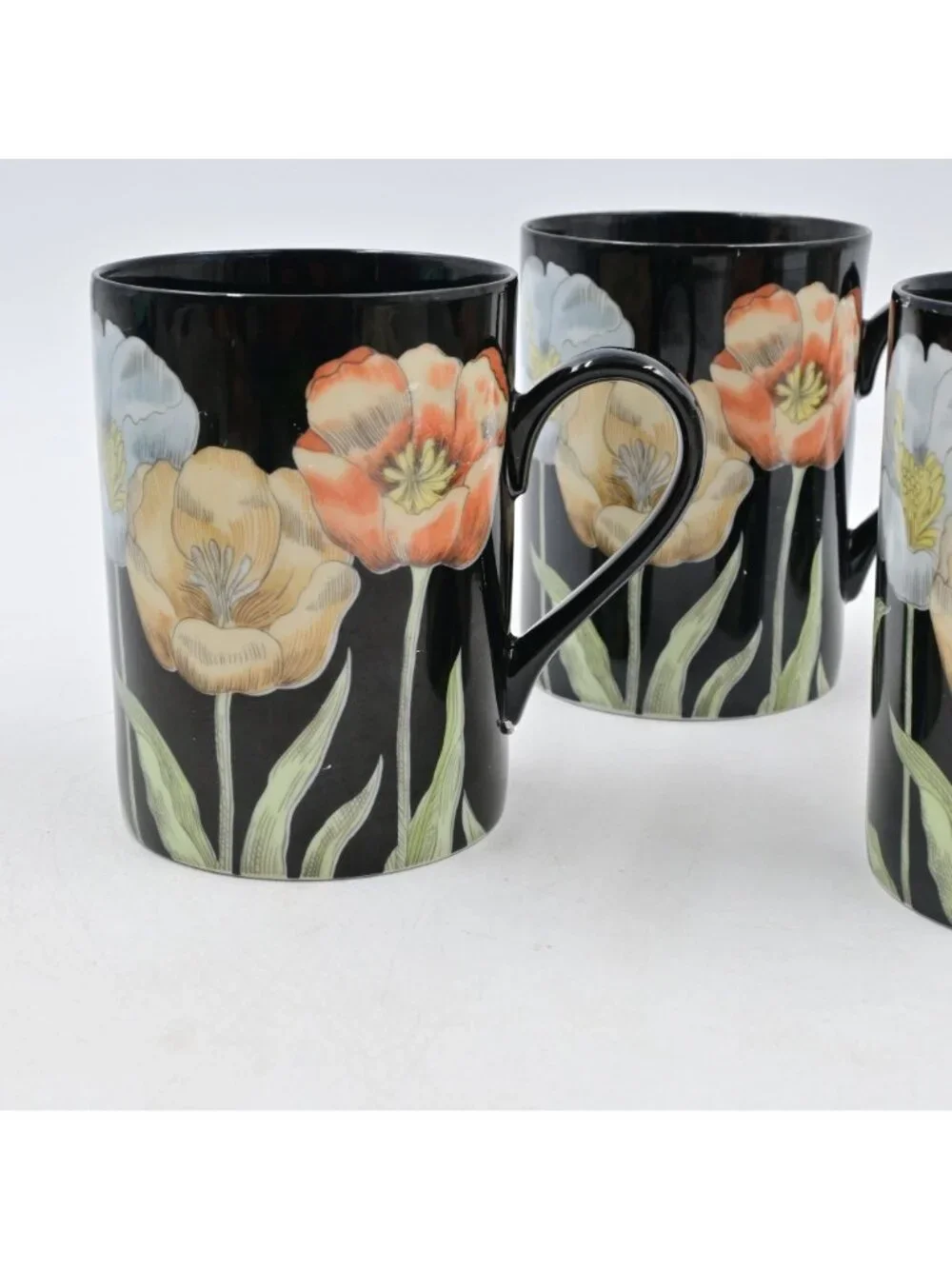 Fitz & Floyd Midnight Poppy Black Ceramic Floral Coffee Mugs Set Of 4